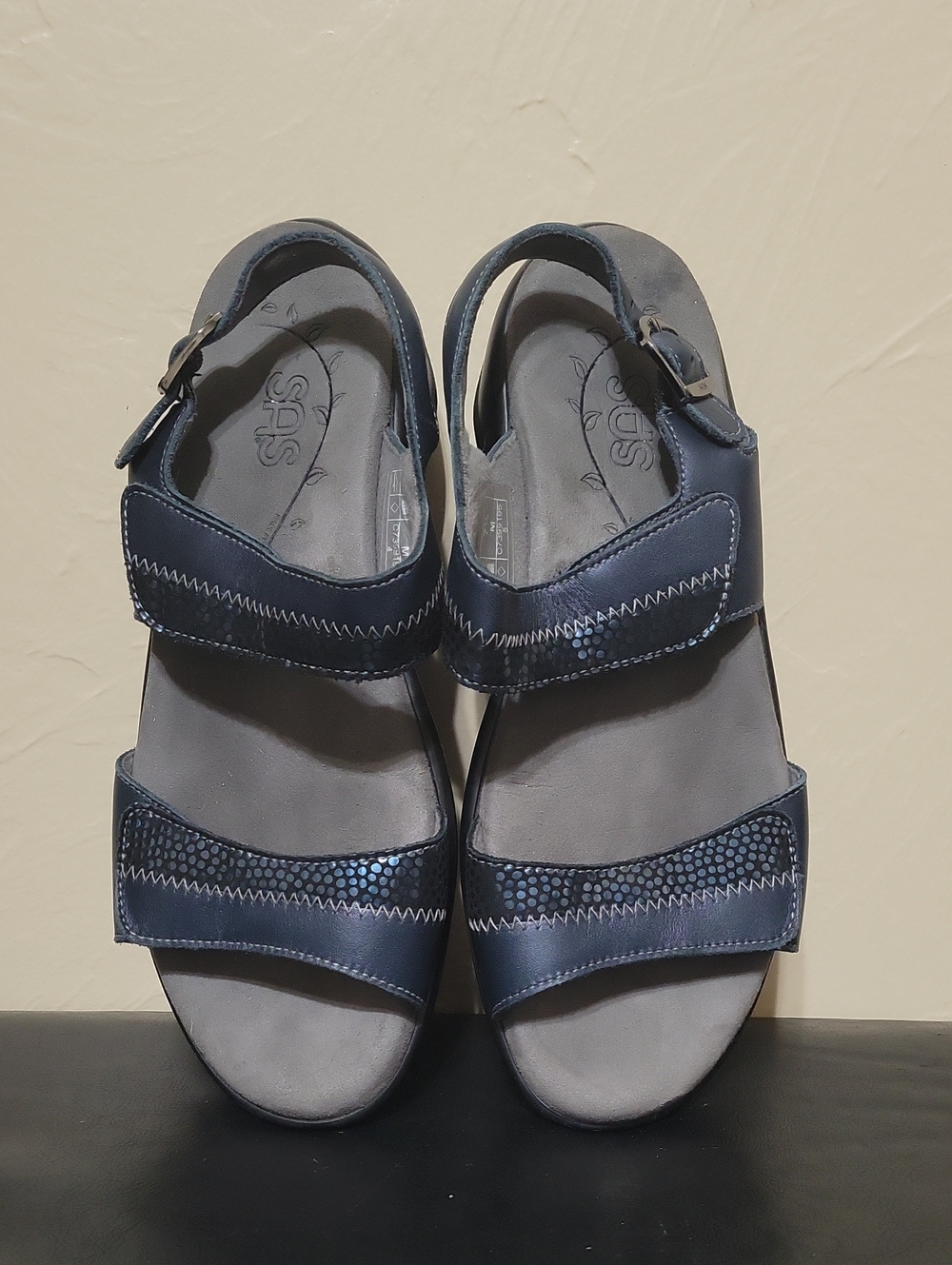 SAS Nudu Metallic Navy Blue Adjustable Velcro Sandals - Picture 2 of 5